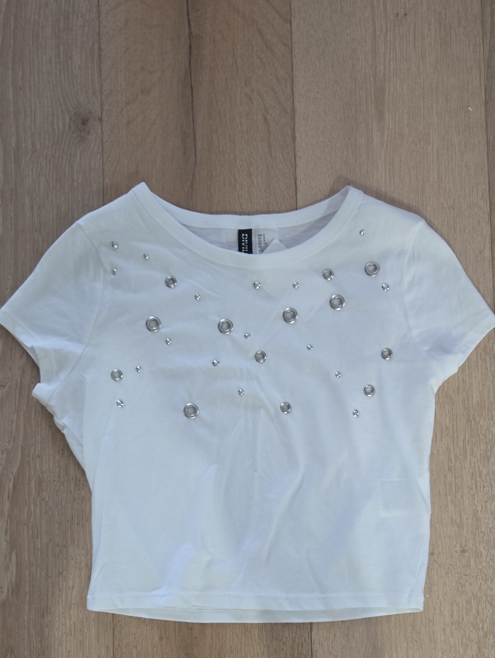 Juniors  White Short Sleeve Crop Tee with Stud Detail